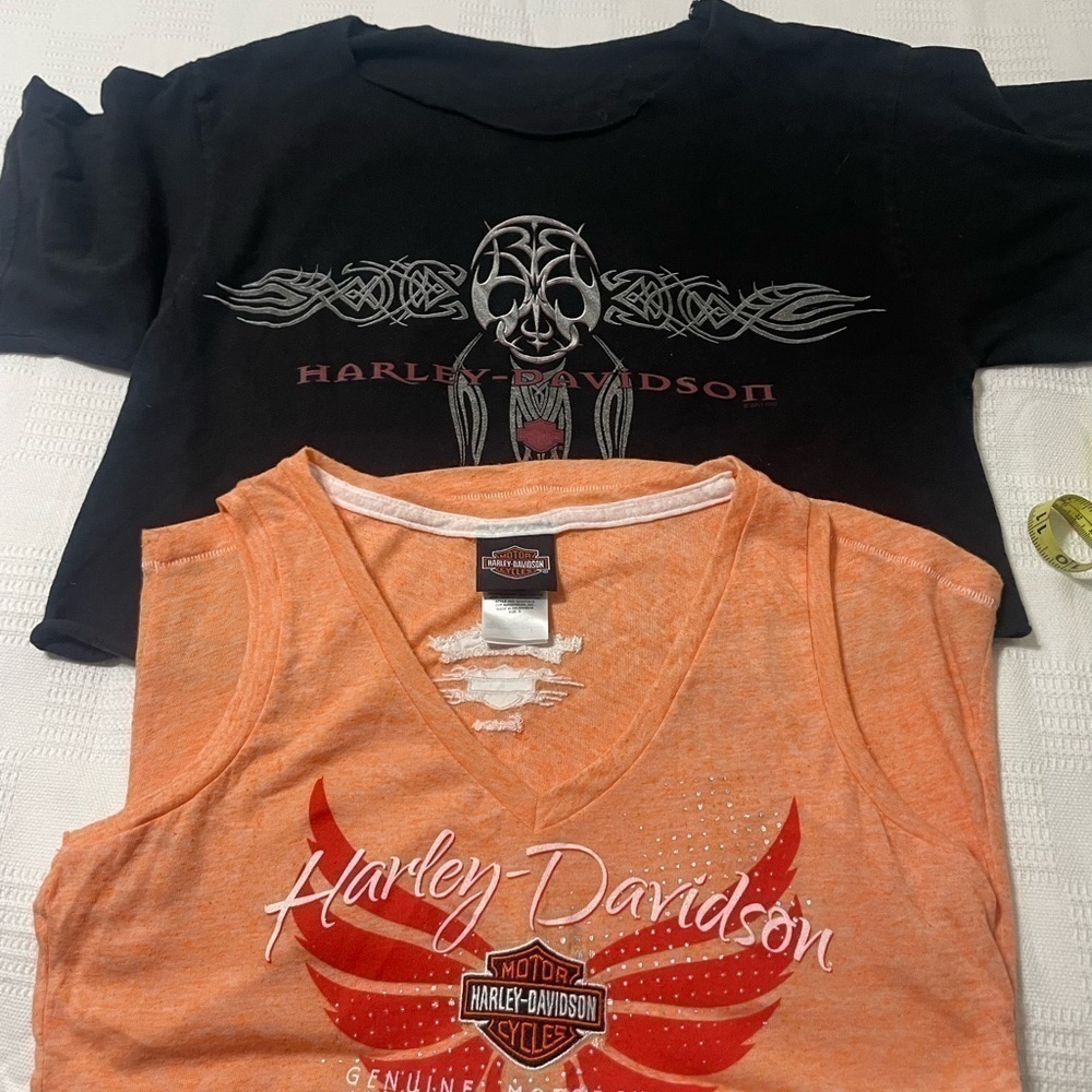 2 Harley Davidson Top Biker Logo Med Orange Tee + Cutoff Black Tee No Size